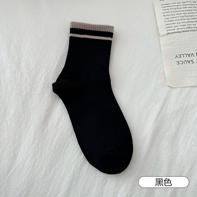 女襪|灰色襪子女竪條顯瘦羅口二槓學院風運動襪棉質親膚舒適彈力中筒襪「FM5090」25.03-1