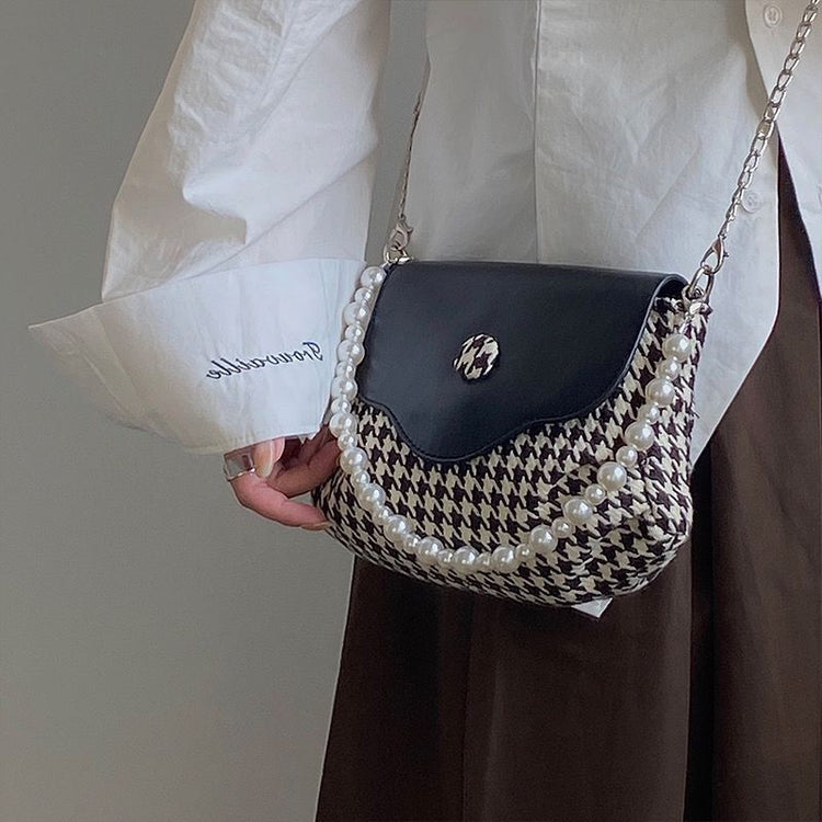 日韓流行|韓國2025年新珍珠手提包千鳥格撞色單肩腋下包百搭時尚鏈條斜背包「9592#」25.04-5