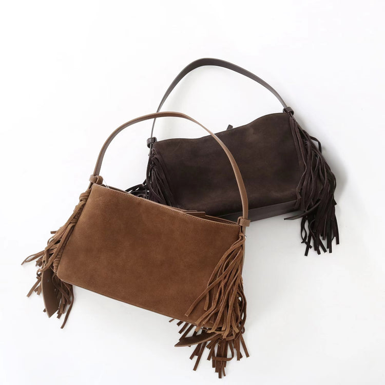 質感真皮|2025全新流蘇磨砂真皮斜背包度假風大容量百搭休閒托特包輕奢「7053」25.09-2