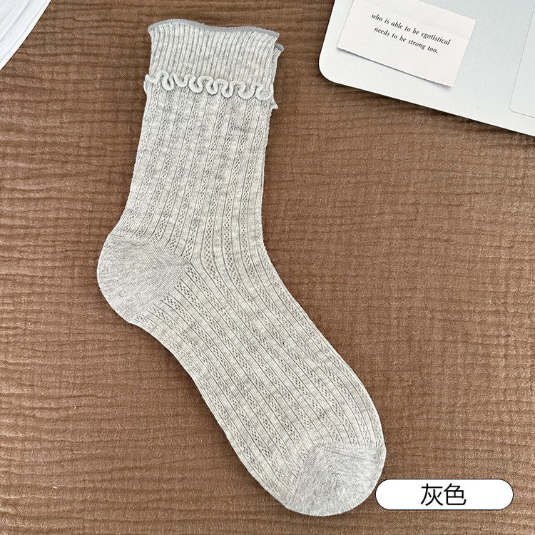 女襪|彈力木耳邊襪子女棉質吸汗透氣薄款堆堆襪竪條鏤空網眼舒適中筒襪「CX798」25.08-1
