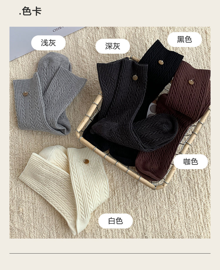 女襪|秋冬美拉德咖色羊毛襪時尚紐扣設計中筒襪秋冬蓄熱加厚保暖睡眠襪「SM24522」24.11-1