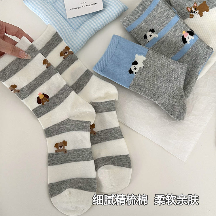 女襪|卡通圖案襪子女夏季薄款ins學院風中筒襪棉質吸汗透氣彈力堆堆襪「DMS5015」25.04-2