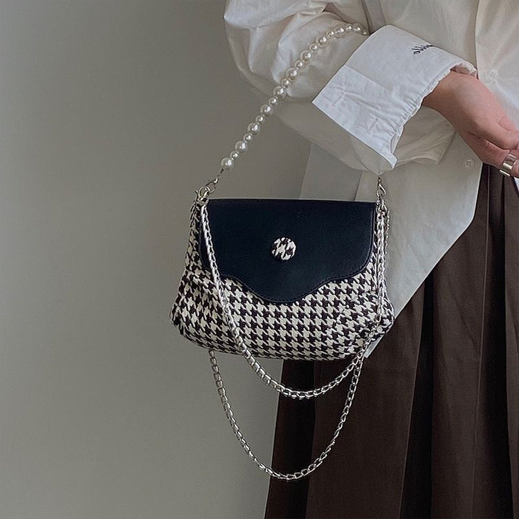 日韓流行|韓國2025年新珍珠手提包千鳥格撞色單肩腋下包百搭時尚鏈條斜背包「9592#」25.04-5