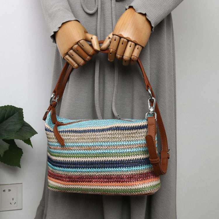 質感真皮|2024夏季新款小眾彩虹編織腋下包包彩度假託特包復古百搭單肩包「3522#」24.06-2