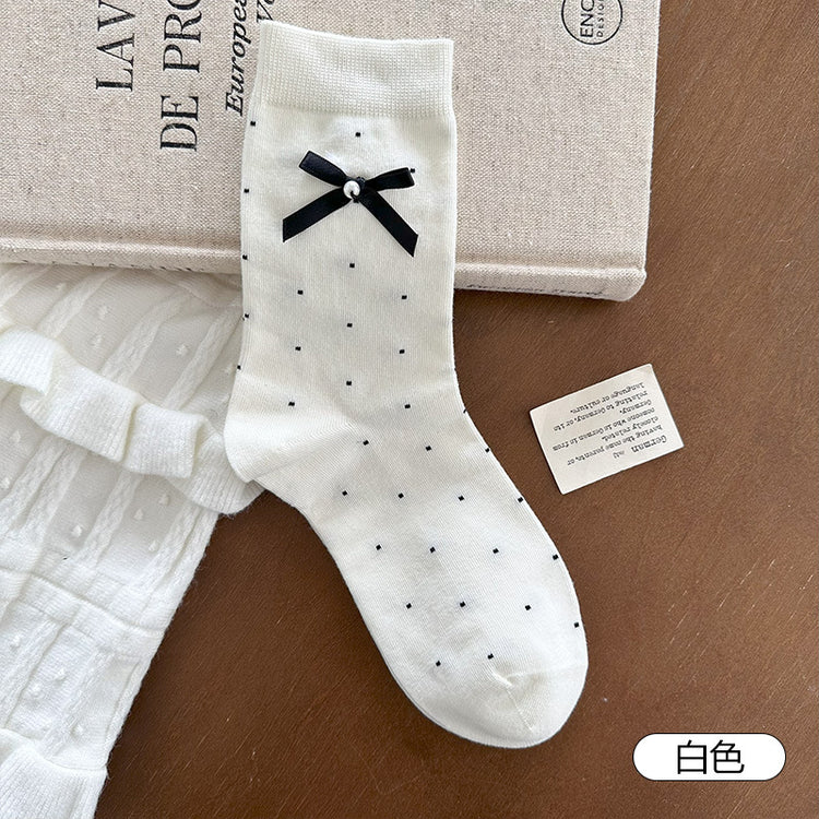 女襪|miu系蝴蝶結襪子女棉質吸汗透氣彈力中筒襪親膚舒適ins潮堆堆襪「MK5136」25.09-5