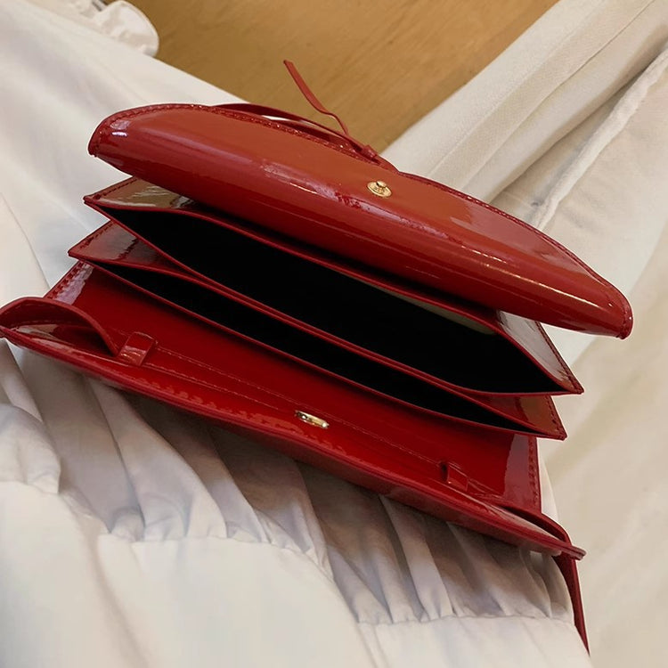 日韓流行|韓國小眾設計包包女2024新款時尚紅色亮面蝴蝶結小方包高級感百搭斜背包「9319#」24.04-1