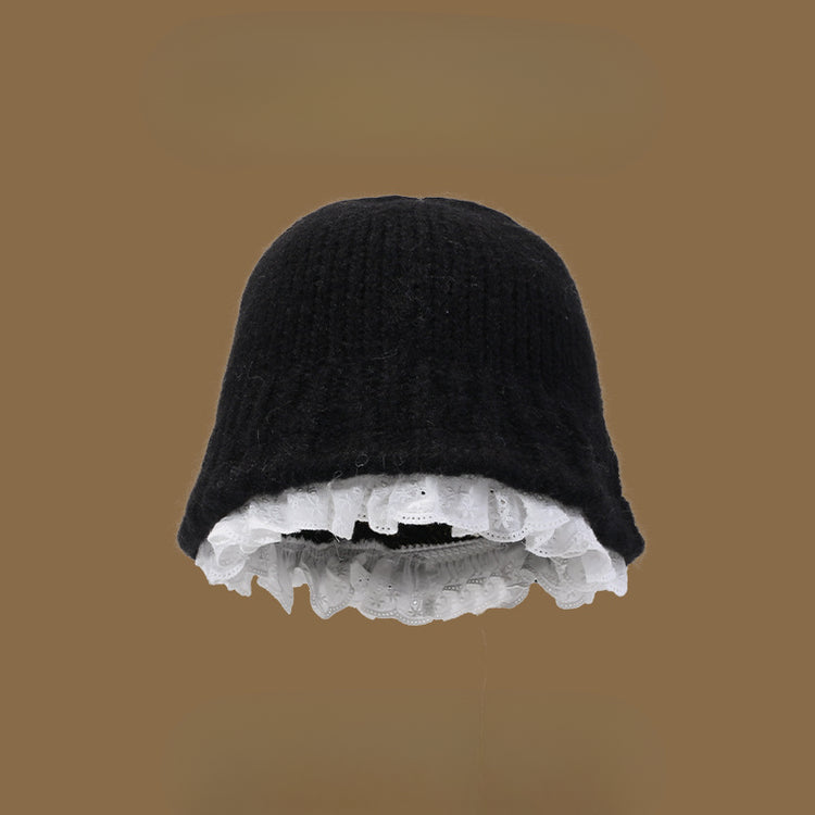 流行帽子|甜美純色白色花邊毛線帽女秋冬韓系保暖顯臉小盆帽針織毛線帽子女「C4628」24.10-3