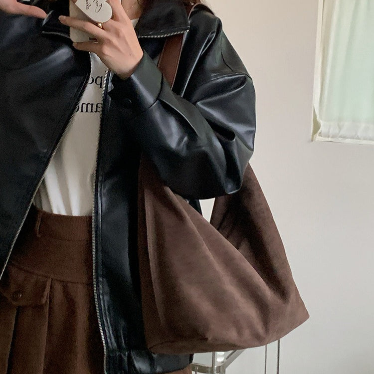 日韓流行|韓版麂皮絨單肩包女2025新款秋冬百搭斜背包復古大容量通勤托特包「M9034」25.09-4