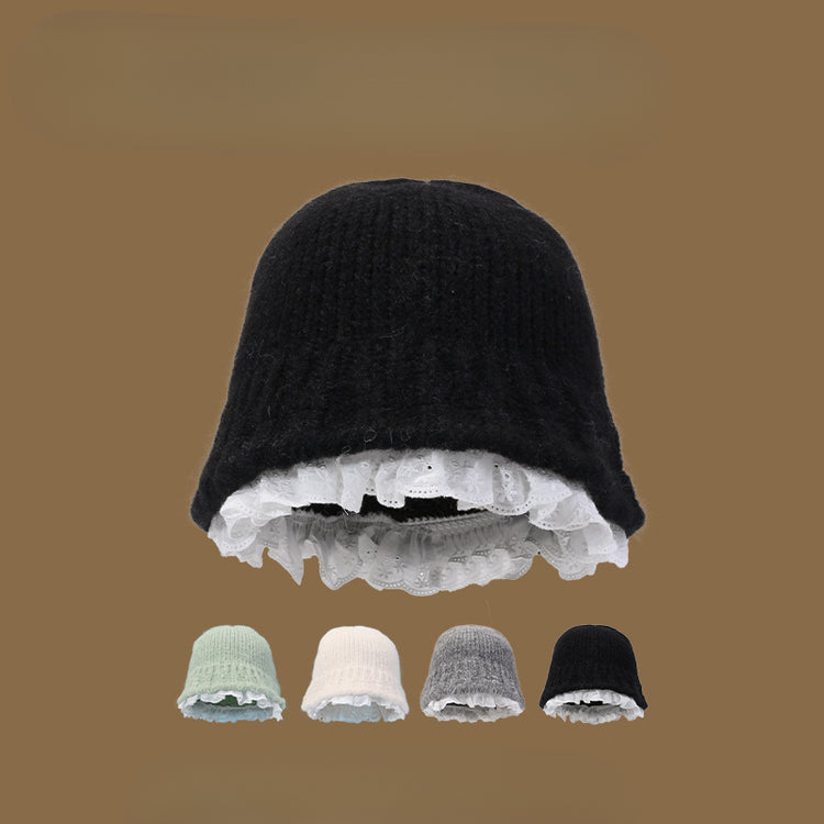 流行帽子|甜美純色白色花邊毛線帽女秋冬韓系保暖顯臉小盆帽針織毛線帽子女「C4628」24.10-3