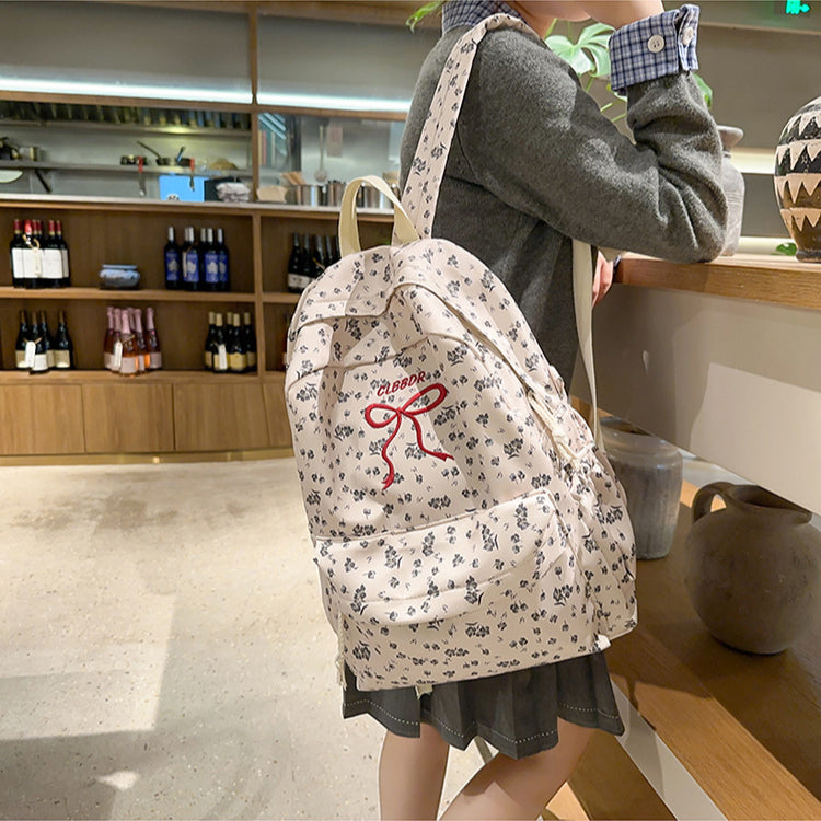 致青春 | 蝴蝶結刺繡小碎花雙肩包女時尚百搭設計感背包大容量少女學生書包「1863-126」25.03-1