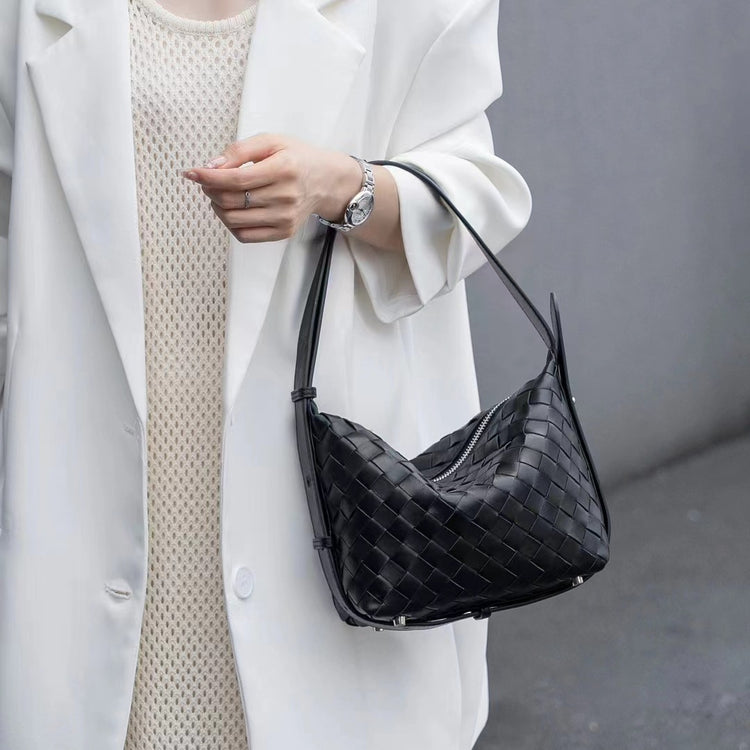質感真皮|高品質全羊皮編織便當包2024年夏季女士腋下包手提包真皮編織女包「6118」24.06-3