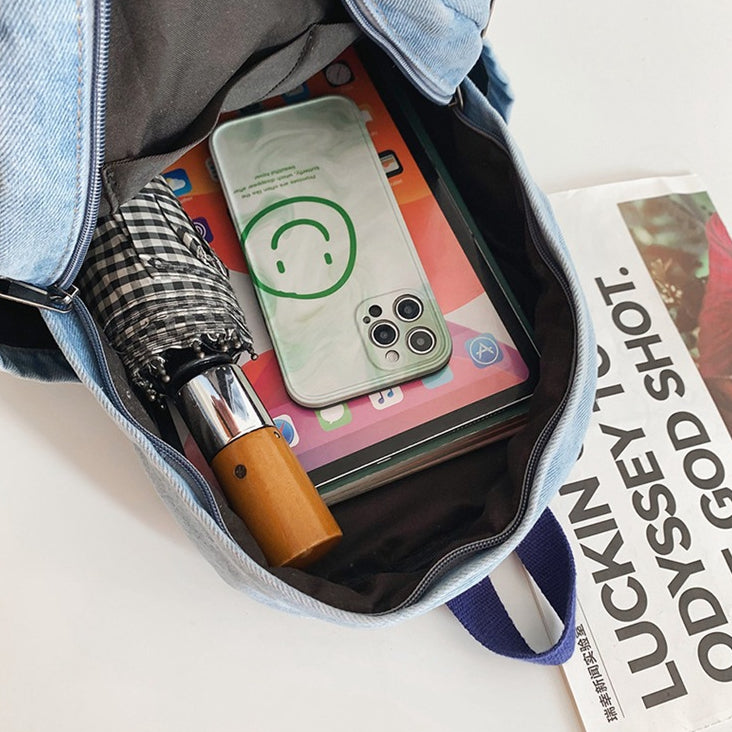 致青春|日系水洗牛仔帆布書包女高中大學生雙肩包時尚簡約旅行背包「090-320」24.04-2