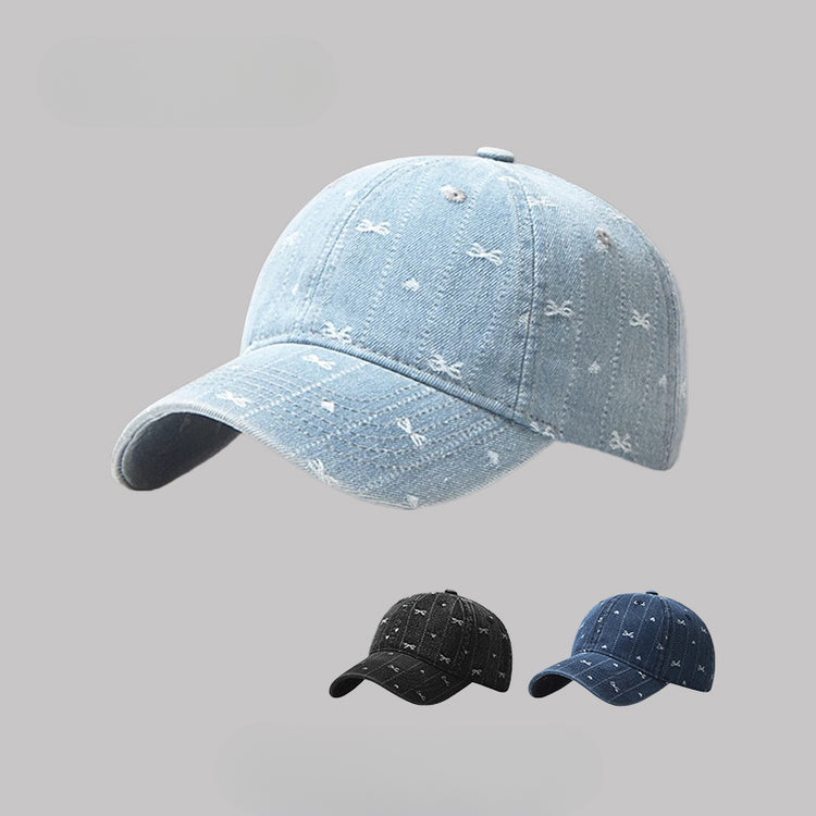 流行帽子|韓國新款帽子女蝴蝶結刺繡牛仔棒球帽百搭水洗鴨舌帽戶外遮陽帽男「C5171」25.04-2