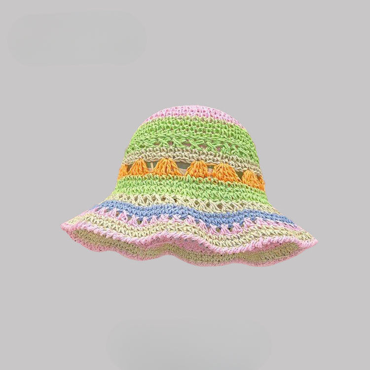 流行帽子|多巴胺彩虹鏤空草帽子女夏季出遊遮陽防曬帽海邊沙灘顯臉小太陽帽「C5102」25.03-3