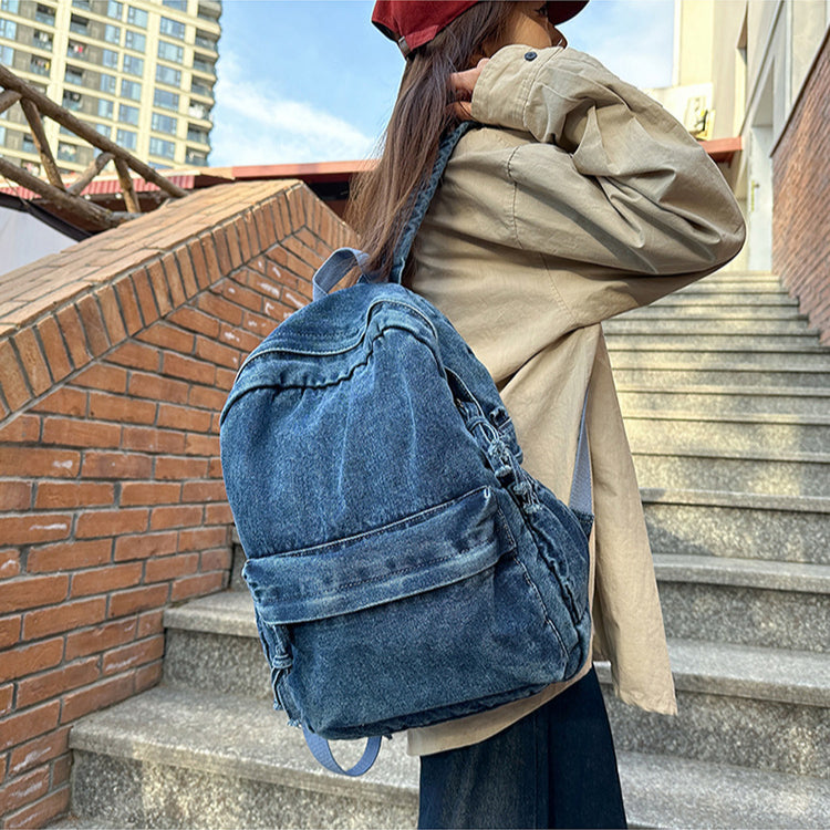 致青春|復古純色牛仔布雙肩包簡約大容量休閒旅行背包百搭國高中學生書包「1869-132」25.02-2