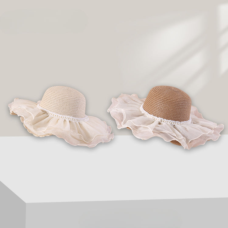 流行帽子|夏天帽子女蕾絲花邊草帽大帽檐遮陽帽防曬太陽帽出遊沙灘帽子女夏「C5277」25.05-3