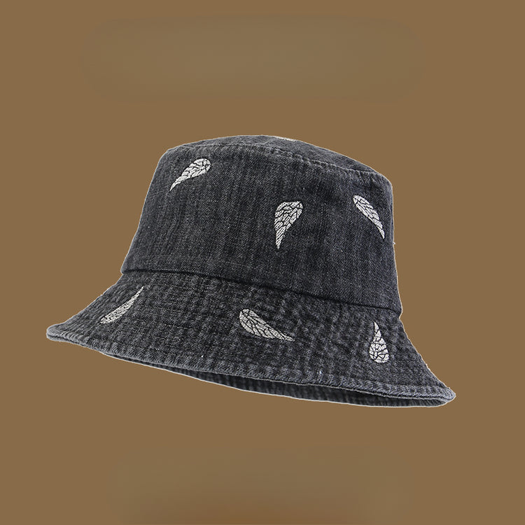 流行帽子|韓版葉子刺繡牛仔漁夫帽子女春秋水洗復古戶外百搭遮陽小檐水桶帽「C4961」25.03-1