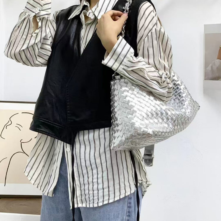 質感真皮|軟皮編織包枕頭包豆腐包大容量腋下包單肩斜挎通勤包高級感百搭通「6018」24.09-2