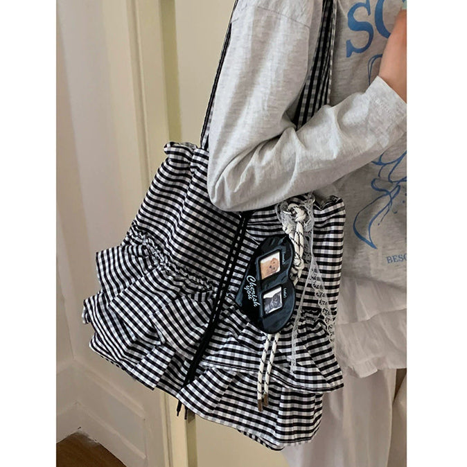 日韓流行 | 可愛學院風格子帆布包包女2025新款潮時尚韓國托特包大容量花邊包「9591#」25.04-4