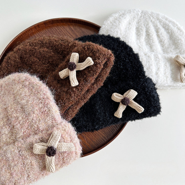 流行帽子|蝴蝶結毛線帽女韓版百搭防風護耳加厚保暖圈圈紗針織帽保暖帽子「5329SG」24.10-1