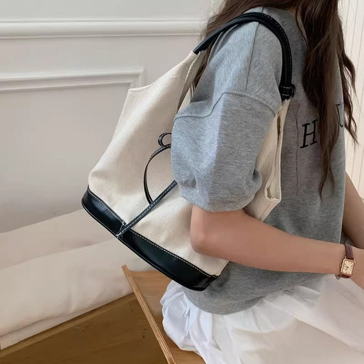 日韓流行|韓國小眾拼色帆布托特包女2024新款通勤時尚手提包百搭單肩腋下包挎包「9423#」24.07-1