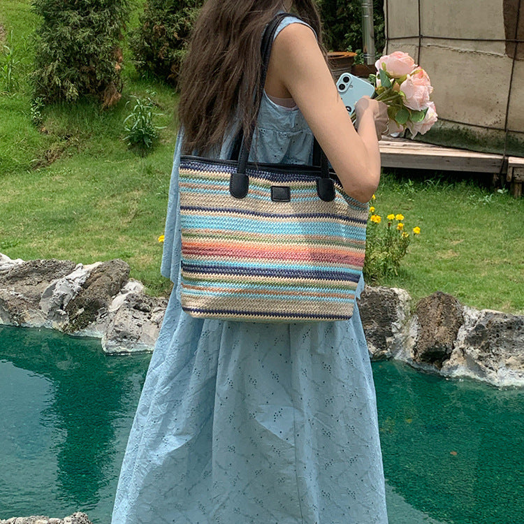 日韓流行|夏日彩色大容量通勤編織包度假沙灘包女士托特包包百搭彩虹單肩包「J9006」25.07-1