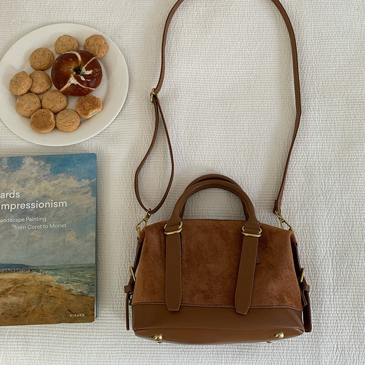 日韓流行|復古棕色麂皮絨手提包包女冬季2025新款潮韓版保齡球包多功能斜挎包「H9051」25.12-1