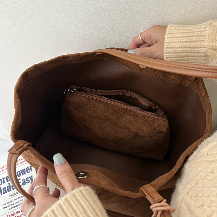 日韓流行|秋冬復古麂皮絨大容量包包新款女式休閒棕色托特包手提單肩通勤包「4F656」25.12-2