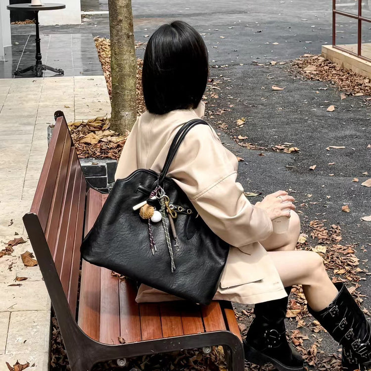 質感真皮|2024新款大容量腋下托特包ins網紅同款小眾復古百搭手提包高級感皮帶扣裝飾大包「8159」24.08-3