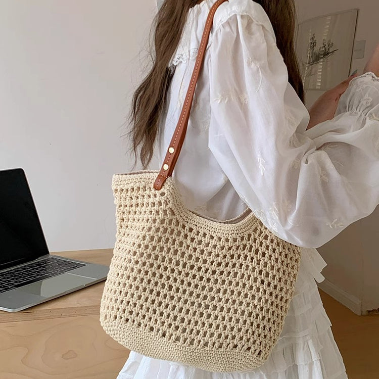 日韓流行|夏季編織包通勤草編托特大包女2024新款海邊沙灘包大容量單肩包「9389#」24.05-4