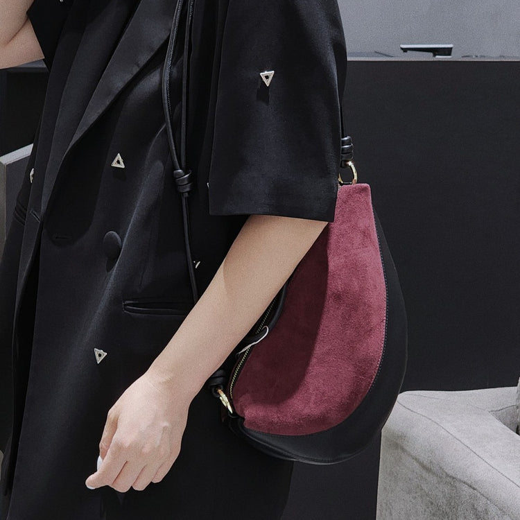 質感真皮|磨砂牛皮拼接羊皮月牙包女包2024新款真皮休閒斜背餃子包百搭單肩「3300-3#」24.10-2