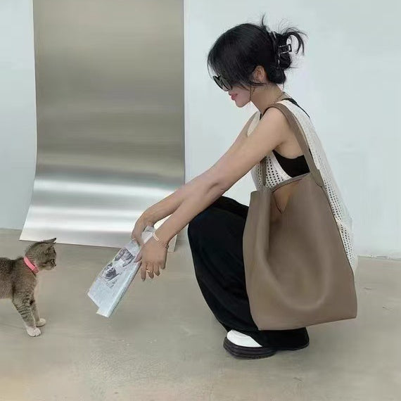 質感真皮|荔枝纹小众设计单肩斜挎水桶包高级感手提包通勤托特包女真皮通勤「6053#」24.08-2