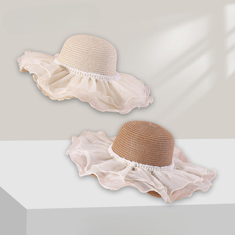 流行帽子|夏天帽子女蕾絲花邊草帽大帽檐遮陽帽防曬太陽帽出遊沙灘帽子女夏「C5277」25.05-3