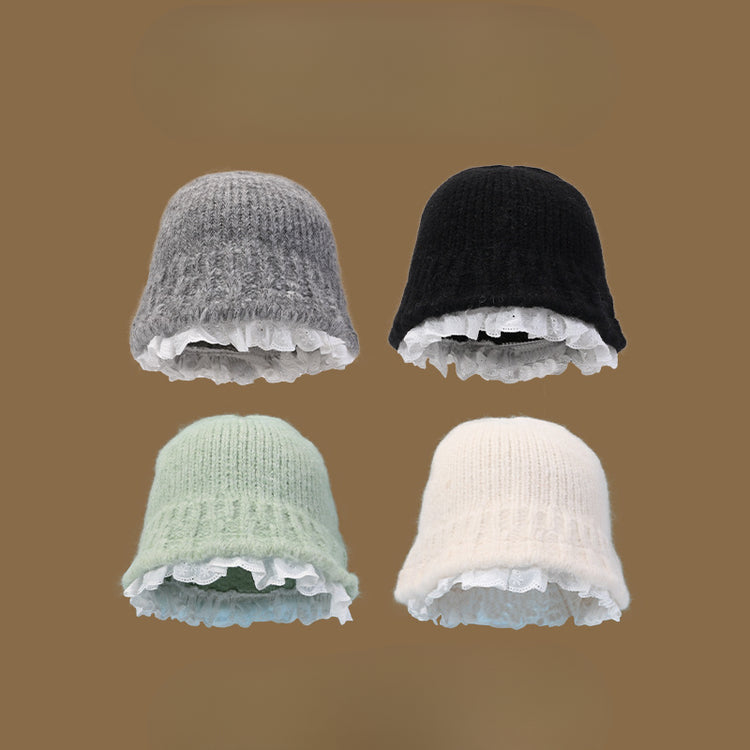 流行帽子|甜美純色白色花邊毛線帽女秋冬韓系保暖顯臉小盆帽針織毛線帽子女「C4628」24.10-3