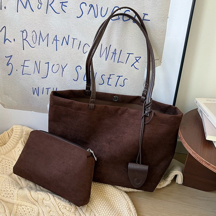 日韓流行|秋冬復古麂皮絨大容量包包新款女式休閒棕色托特包手提單肩通勤包「4F656」25.12-2