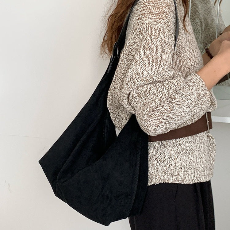 日韓流行|韓版麂皮絨單肩包女2025新款秋冬百搭斜背包復古大容量通勤托特包「M9034」25.09-4