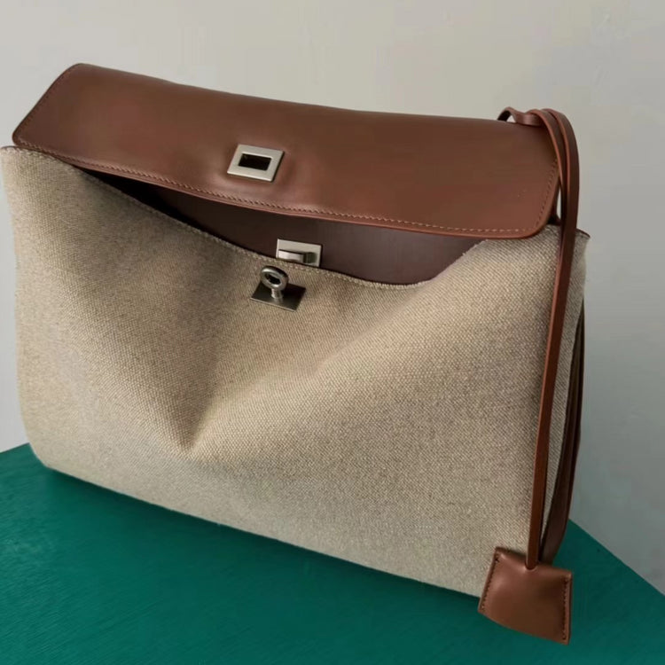 質感真皮|2024新款高級感大容量帆布拼皮手提單肩包時尚潮流通勤拼接鎖扣手提包「2328」24.07-5