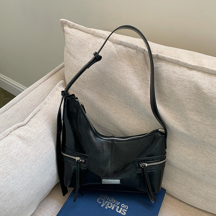 日韓流行|韓國小眾辣妹風Y2K潮酷單肩包腋下餃子包高級感黑色百搭新月包女「F9012」25.07-4