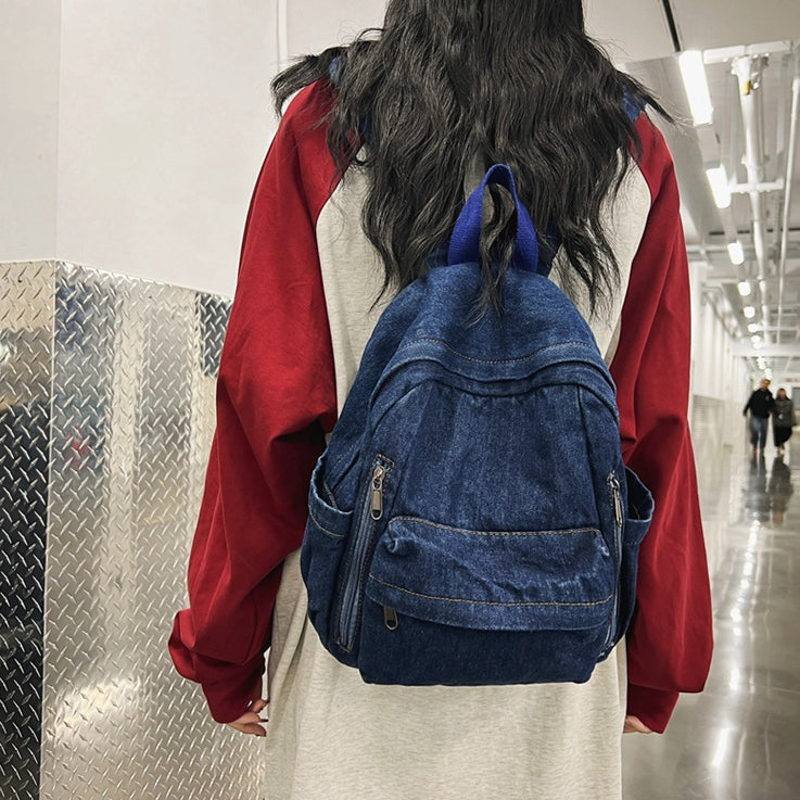 致青春|日系水洗牛仔帆布書包女高中大學生雙肩包時尚簡約旅行背包「090-320」24.04-2