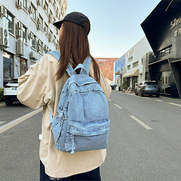 致青春|復古純色牛仔布雙肩包簡約大容量休閒旅行背包百搭國高中學生書包「1869-132」25.02-2