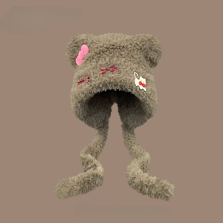 流行帽子|可愛小熊耳朵貓咪蝴蝶結帽子女秋冬加厚保暖毛絨帽護耳針織雷鋒帽「C5591」25.09-2