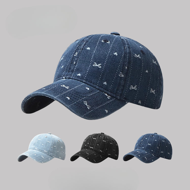 流行帽子|韓國新款帽子女蝴蝶結刺繡牛仔棒球帽百搭水洗鴨舌帽戶外遮陽帽男「C5171」25.04-2