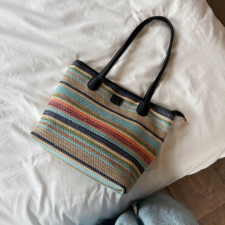 日韓流行|夏日彩色大容量通勤編織包度假沙灘包女士托特包包百搭彩虹單肩包「J9006」25.07-1