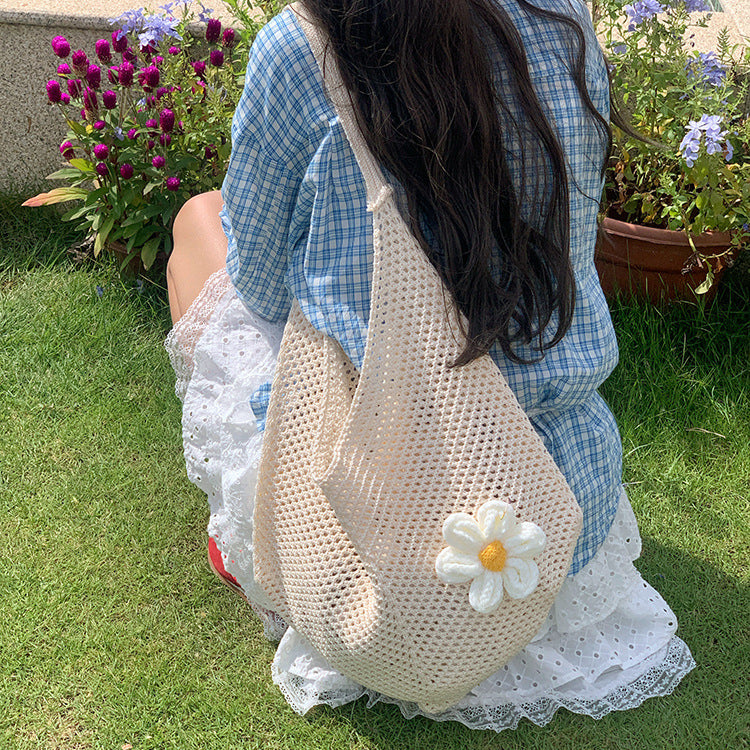 日韓流行 | 夏季新款大容量編織包海邊度假花朵針織沙灘包時尚單肩通勤托特包「L9013」25.07-3