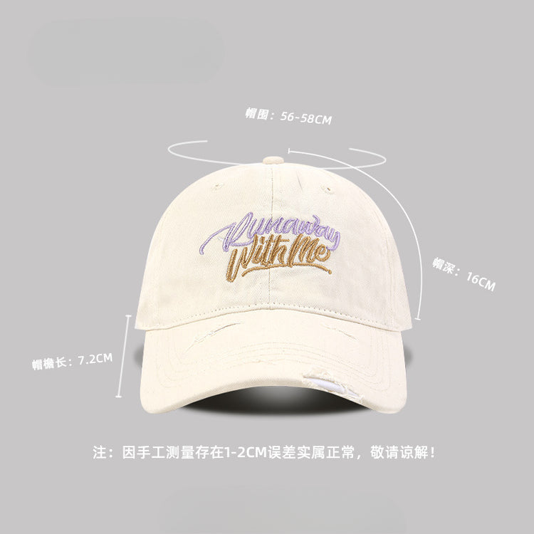 流行帽子|破洞字母刺繡鴨舌帽女遮陽寬檐大頭圍棒球帽顯臉小百搭遮陽帽子男「C5123」25.03-4