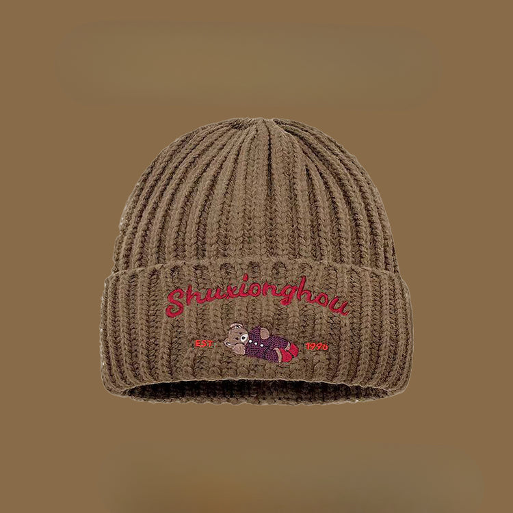 流行帽子|2024刺繡小熊針織帽女秋冬季新款保暖護耳百搭可愛毛線帽護耳冷帽「C4725」24.12-3