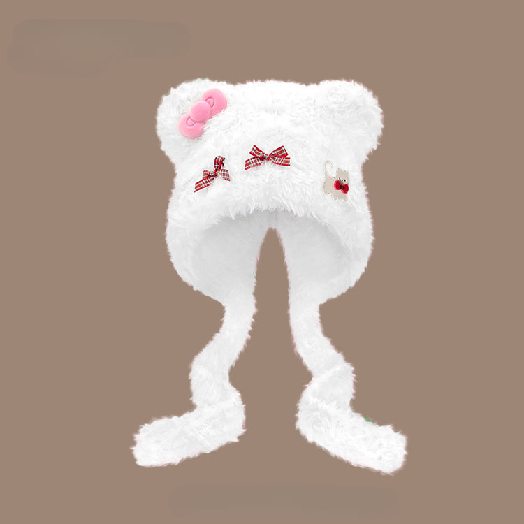 流行帽子|可愛小熊耳朵貓咪蝴蝶結帽子女秋冬加厚保暖毛絨帽護耳針織雷鋒帽「C5591」25.09-2