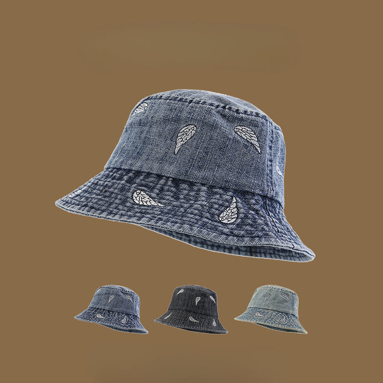 流行帽子|韓版葉子刺繡牛仔漁夫帽子女春秋水洗復古戶外百搭遮陽小檐水桶帽「C4961」25.03-1