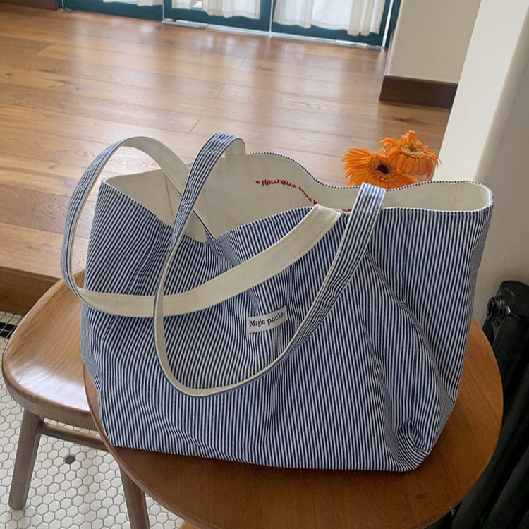 日韓流行 | 原創雙面背 加厚刺繡韓版文藝休閒帆布單肩學生大容量百搭托特包「H9015」25.07-3