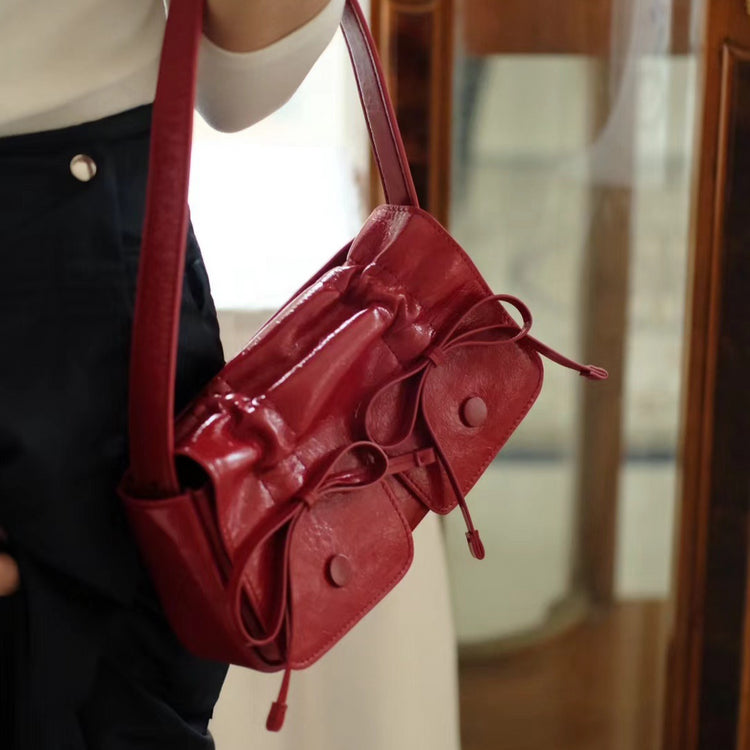 質感真皮|2024新款個性設計抽繩手提包單肩斜背包韓版辣妹廢土風多口袋包「7822」24.07-5